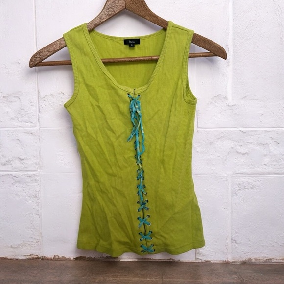 Vintage Lime Green Tank Top with Blue Lace-Up Detail punk goth y2k S - Picture 1 of 5